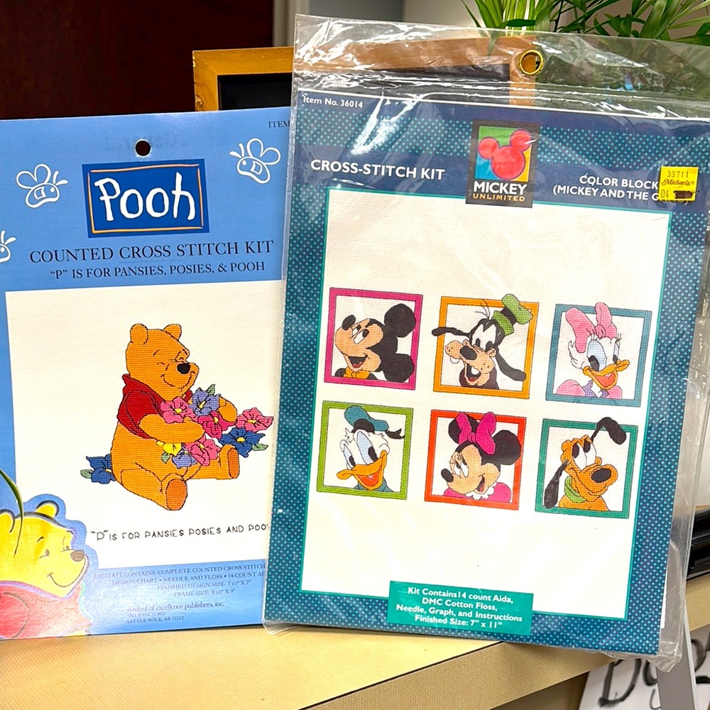 2-Disney Cross-Stitch Kits Pooh & Mickey and The Gang